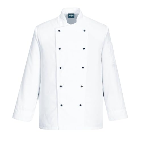 Portwest C834 Somerset Long Sleeve Chef Jacket Reversible Front | Kingsmill Polycotton Twill, Mandarin Collar, Interchangeable Poppers, Detachable Buttons