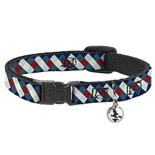 Cat Collar Breakaway Diamond Plaid Blues Khaki Red 8 to 12 Inches 0.5 Inch Wide