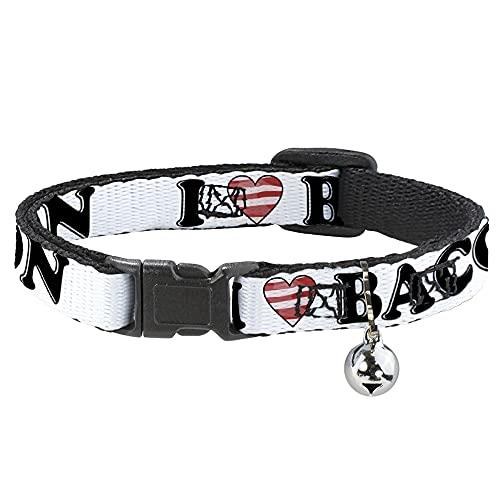 Cat Collar Breakaway I Heart Bacon White Black Bacon 8 to 12 Inches 0.5 Inch Wide