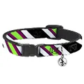 Cat Collar Breakaway Diagonal Stripes Black White Pink Green 8 to 12 Inches 0.5 Inch Wide
