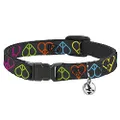 Cat Collar Breakaway Peace Hearts Repeat Black Neon 8 to 12 Inches 0.5 Inch Wide