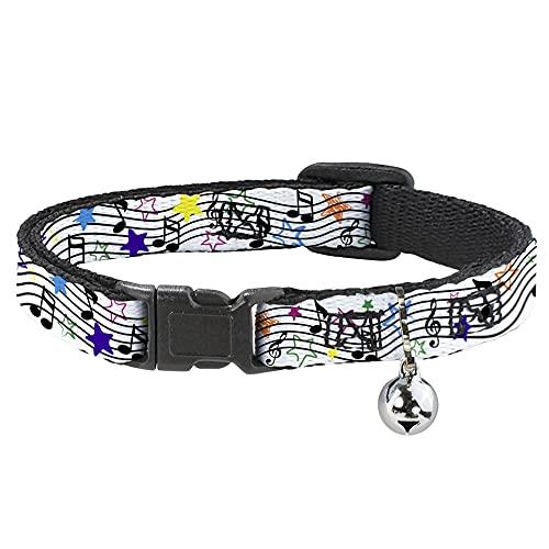 Cat Collar Breakaway Music Notes Stars White Black Multi Color 8 to 12 Inches 0.5 Inch Wide