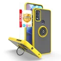 TJS Compatible for Motorola Moto G Play 2023 Case, Moto G Power 2022/G Pure 2021 Case, Tempered Glass Screen Protector, Metal Ring Magnetic Support Kickstand Heavy Duty Phone Case (Yellow)