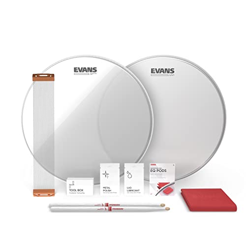 Evans UV1 Snare Drum Tune Up Kit - Contains UV Drum Head, Resonant Snare Head, ProMark 5a Drumsticks, Snare Wire, Drum Key, EQ Pods Dampener, Lug Lubricant, Metal Polish, Polishing Cloth - 13 inch