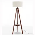 New Oriental Round Wood Shelf Rubberwood Tripod Floor Lamp with Shade, Cherry