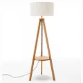 New Oriental Round Wood Shelf Tripod Wooden Floor Lamp with Shade, Natural