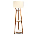 New Oriental Natural Bamboo Tripod Floor Lamp with Shade and Double Shelves, Beige