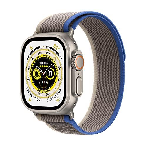 Apple Watch Ultra (GPS + Cellular, 49mm) Smart Watch - Titanium Case with Blue/Grey Trail Loop - S/M. Fitness Tracker, Precision GPS, Action Button, Extra-Long Battery Life, Brighter Retina Display