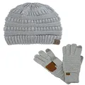 C.C Unisex Soft Stretch Cable Knit Beanie and Anti-Slip Touchscreen Gloves 2 Pc Set, Metallic Silver