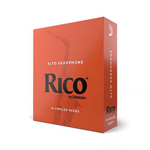 Rico Saxophone Reeds - Reeds for Alto Saxophone - Thinner Vamp Cut for Ease of Play, Traditional Blank for Clear Sound, Unfiled for Powerful Tone - Alto Sax Reeds 4 Strength, 10-Pack