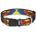 Buckle-Down Plastic Clip Dog Collar, Jagged Superman Shield Close-Up Yellow/Blue/Red, 9 to 15 Neck Size x 0.5 Inch Width