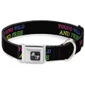 Buckle-Down Seatbelt Buckle Collar, Young Wild and Free Outline Black/Neon Multicolour, 9 to 15 Neck Size x 1.0 Inch Width