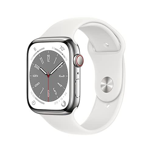 Apple Watch Series 8 (GPS + Cellular 45mm) Smart Watch - Silver Stainless Steel Case with White Sport Band - Regular. Fitness Tracker, Blood Oxygen & ECG Apps, Water Resistant