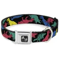 Buckle-Down Seatbelt Buckle Collar, Dinosaurs Black/Multicolour, 15 to 26 Inch Neck Size x 1.0 Inch Width