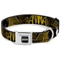 Buckle-Down Seatbelt Buckle Dog Collar - Batman w/Bat Signals & Flying Bats Yellow/Black/White - 1.5" Wide - Fits 16-23" Neck - Medium