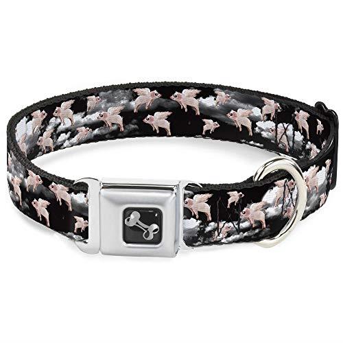 Buckle-Down Seatbelt Buckle Dog Collar - Flying Pigs Black/White/Pink - 1" Wide - Fits 11-17" Neck - Medium