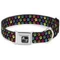 Buckle-Down Seatbelt Buckle Dog Collar - Paw Print Black/Multi Color - 1.5" Wide - Fits 18-32" Neck - Large