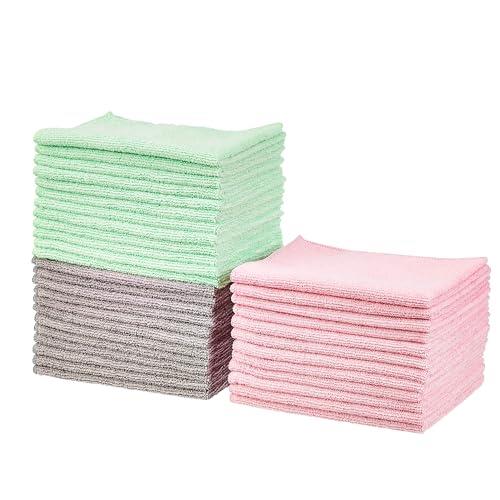Amazon Basics Microfiber Cleaning Cloths, Non-Abrasive, Reusable and Washable - Pack of 36, 12 x16-Inch, Pink, Green and Gray