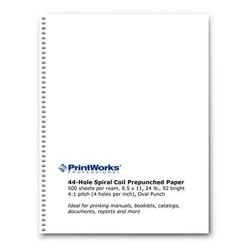 PrintWorks Professional Prepunched Paper, 8.5 x 11, 24 lb, 44-Hole Spiral Coil (4:1 Pitch) Binding Paper, 500 Sheets, White (04147)