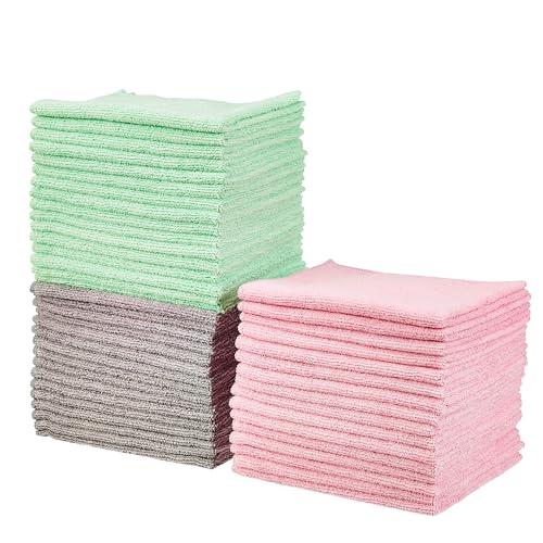 Amazon Basics Microfiber Cleaning Cloths, Non-Abrasive, Reusable and Washable - Pack of 48, 12 x16-Inch, Pink, Green and Gray