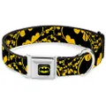 Dog Collar Seatbelt Buckle Bat Signals Stacked Close Up Yellow Black 13 to 18 Inches 1.5 Inch Wide