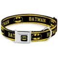 Buckle-Down Seatbelt Buckle Dog Collar - Batman/Logo Stripe Yellow/Black - 1.5" Wide - Fits 13-18" Neck - Small