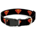 Buckle-Down Plastic Clip Dog Collar, Superman Shield Black/Red/Yellow, 9 to 15 Neck Size x 0.5 Inch Width