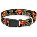 Buckle-Down Plastic Clip Dog Collar, Superman Shield Camouflage Olive/Red/Yellow, 18 to 32 Neck Size x 1.5 Inch Width