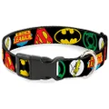 Buckle-Down Plastic Clip Collar - Justice League Superhero Logos Close-UP Black - 1" Wide - Fits 15-26" Neck - Large