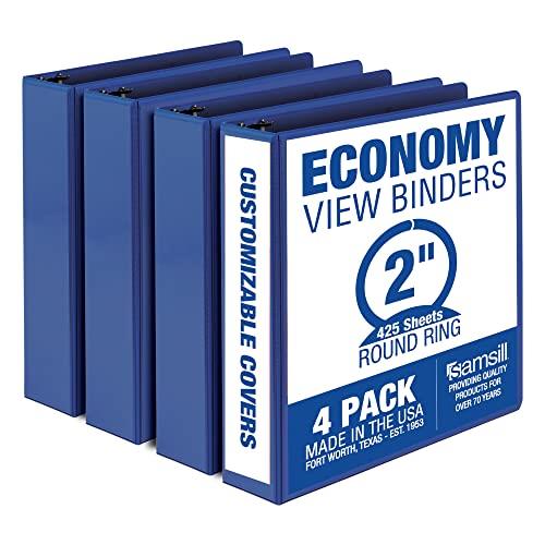 Samsill Economy 2 Inch 3 Ring Binder, Made in The USA, Round Ring Binder, Customizable Clear View Cover, Blue, 4 Pack (MP48562)
