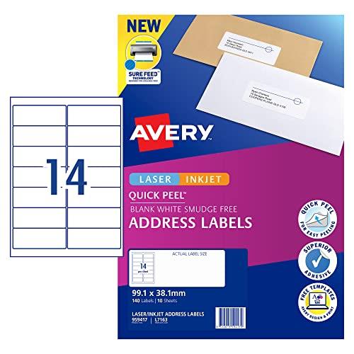 Avery Quick Peel™ A4 Labels for Laser & Inkjet Printers - Printable Packaging, Shipping & Address Labels - Mailing Stickers - White, 99.1 x 38.1 mm, 140 Labels / 10 Sheets (959417 / L7163)