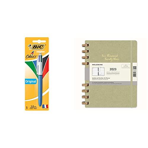 BIC 4 Colours Original Retractable Ball Pens Medium Point (1.0 mm) - Pack of 1 Pen and Moleskine 2023 Spiral Planner, 12m, Extra Large, Crush Olive, Hard Cover (7.5 X 10)