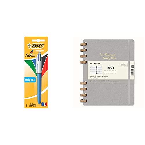 BIC 4 Colours Original Retractable Ball Pens Medium Point (1.0 mm) - Pack of 1 Pen and Moleskine - 2023 Spiral Planner - Solar - Extra Large - Remake Smoke