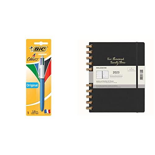 BIC 4 Colours Original Retractable Ball Pens Medium Point (1.0 mm) - Pack of 1 Pen and Moleskine - 2023 Spiral Planner - Solar - Extra Extra Large - Remake Midnight