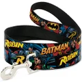 Buckle-Down Dog Leash, Batman and Robin in Action Text Burgundy/Multicolour, 4 Feet Length x 1.0 Inch Wide