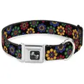 Buckle-Down Seatbelt Buckle Dog Collar - Psychedelic Daisies Black/Multi Color - 1.5" Wide - Fits 13-18" Neck - Small