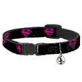 Buckle-Down Breakaway Cat Collar with Bell, Superman Shield Black Hot Pink, 8 to 12-inches Neck Size x 0.5-inch Width