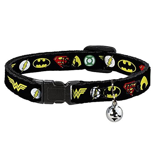 Cat Collar Breakaway Justice League 6 Superhero Logos Black 8 to 12 Inches 0.5 Inch Wide