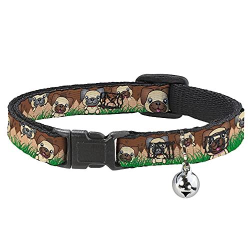 Cat Collar Breakaway Pug Puppies Paw Prints Browns Greens 8 to 12 Inches 0.5 Inch Wide