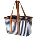 CleverMade Collapsible LUXE Tote, Navy Striped - 30L (8 Gal) Structured Tote Bag with Handles and Reinforced Bottom - Reusable Grocery Bag, Shopping Bag, Utility Tote Bag
