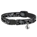 Cat Collar Breakaway Paisley2 Black White 8 to 12 Inches 0.5 Inch Wide