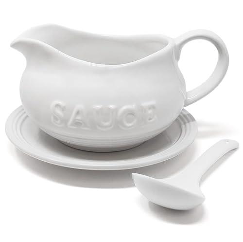 24 Oz Gravy Boat, Tray and Ladle | Ceramic White Gravy Dish With The Word "Sauce" On It