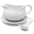 24 Oz Gravy Boat, Tray and Ladle | Ceramic White Gravy Dish With The Word "Sauce" On It