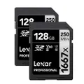 Lexar Professional 1667x 128GB (2-Pack) SDXC UHS-II Memory Cards, C10, U3, V60, Full-HD & 4K Video, Up to 250MB/s Read, for Professional Photographer, Videographer, Enthusiast (LSD128CBNA16672)