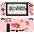 Tscope Protective Case for Nintendo Switch, Pink Soft TPU Slim Case Cover for NS Console and Joy-Con Controllers, with Tempered Glass Screen and 2 Thumb Grips Caps (Strawberry Bear Pink)