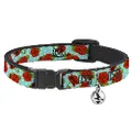 Cat Collar Breakaway Red Roses Polka Dots Turquoise 8 to 12 Inches 0.5 Inch Wide