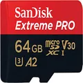 SanDisk 64GB Extreme PRO microSDXC Card + SD Adapter + RescuePro Deluxe, up to 200MB/s, with A2 App Performance, UHS-I, Class 10, U3, V30, Black (SDSQXCU-064G-GN6MA)