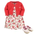 HUDSON BABY Baby Girls' Cotton Dress, Cardigan and Shoe Set, Strawberry, 0-3 Months