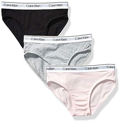 Calvin Klein Girls' Little Modern Cotton Bikini Panty, 3 Pack-Black, Crystal Pink, Heather Grey, X-Large-14/16
