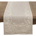 SARO LIFESTYLE Embroidered Swirl Design Linen Blend Table Runner, 16" x 72", Natural